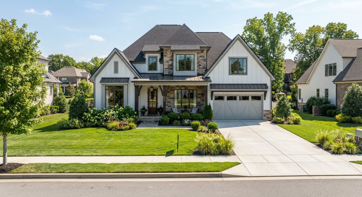 Modern suburban home exterior in Hendersonville Tennessee with clean landscaping and manicured lawn