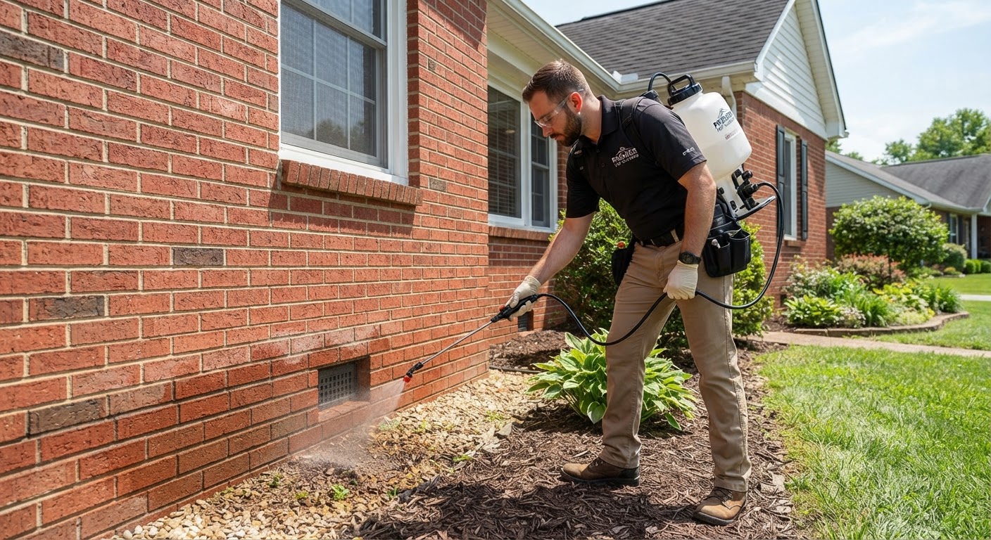 Pest control technician applying exterior perimeter spray treatment along residential brick foundation