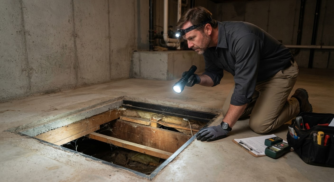 Close-up inspection of home foundation and crawlspace entry for termite detection