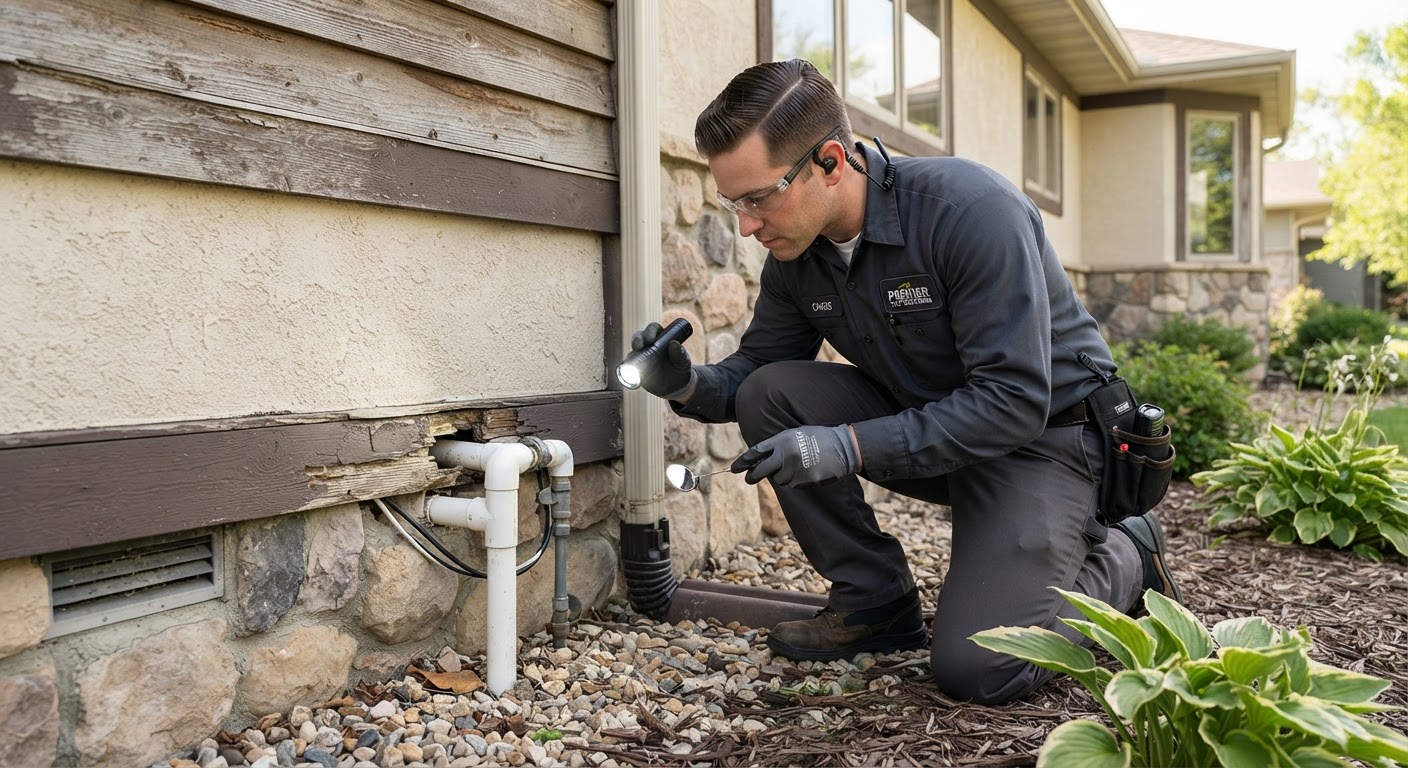Rodent exclusion inspection near basement pipe penetration and siding corner