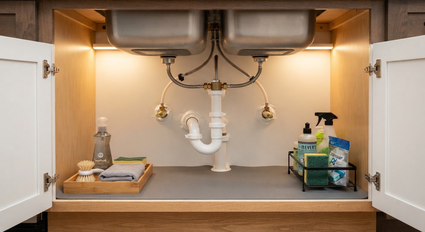 Interior pest inspection under residential kitchen sink and plumbing pipes