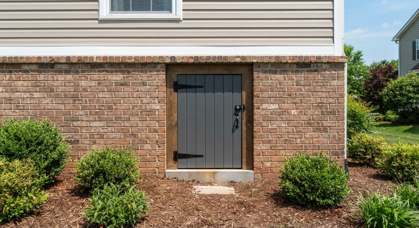 Exterior crawlspace access door on modern residential brick home