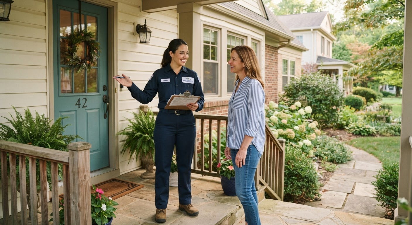 Pest control technician speaking with a homeowner on a front porch