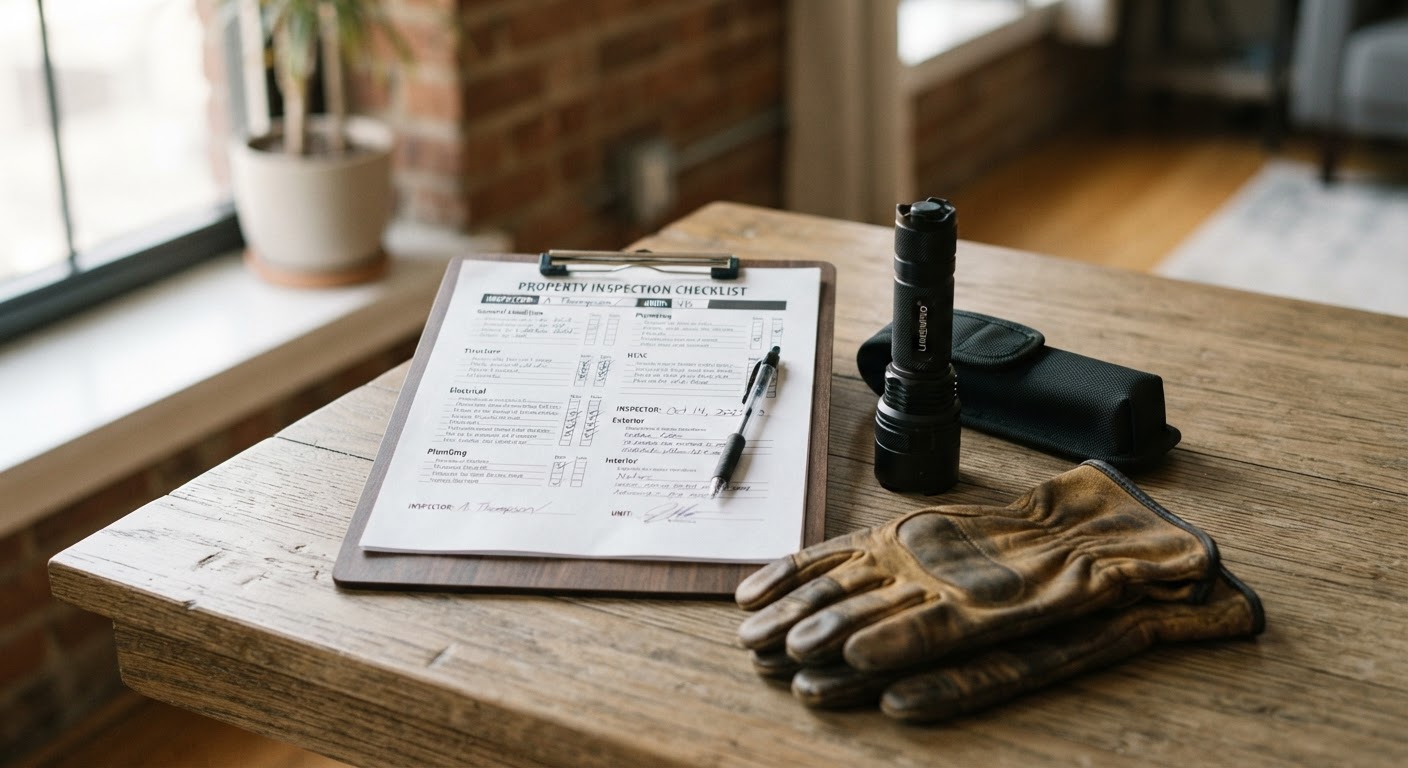 Pest inspection clipboard and flashlight resting on clean work surface